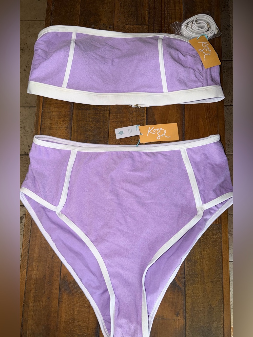 Kona Sol Lilac High-Waist Bikini Bottoms with White Trim